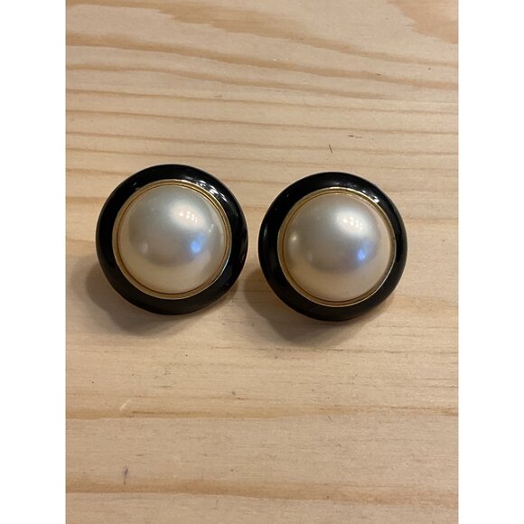 Vintage Post Back Pierced Earrings With Faux Pearls & Black Enamel Accents - Picture 1 of 4